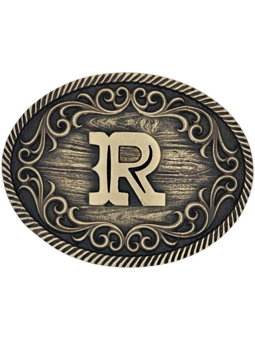 Unisex Western Oval Attitude Belt Buckle with Filigree Initial & Rope Trim